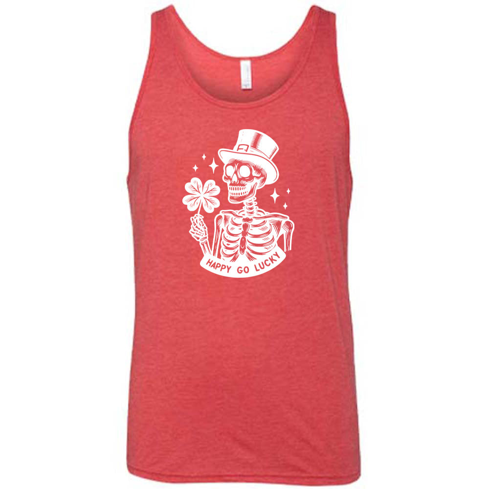 red shirt with a skeleton graphic and the text "happy go lucky" on it