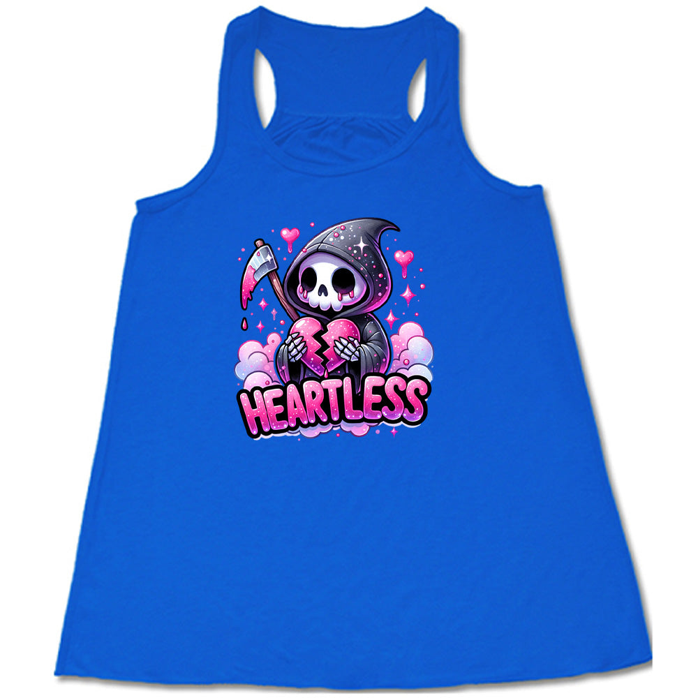 blue shirt with the text "Heartless" on it