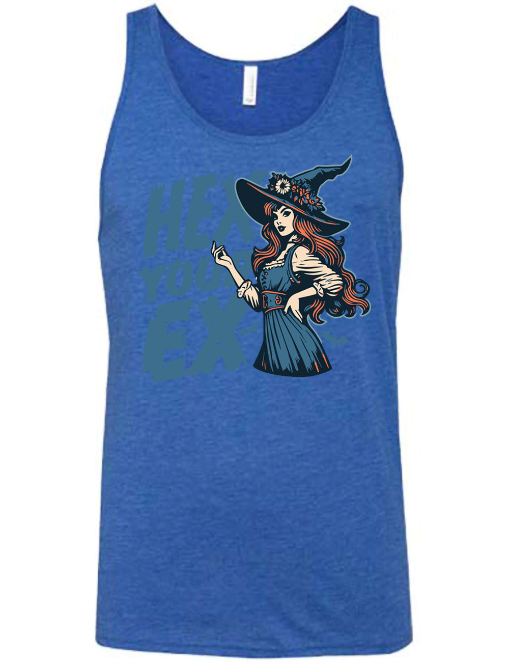 blue unisex tank with the words "hex your ex" on it, next to the detailed, colorful graphic of a long-haired witch, hand on hip, other hand raised, wearing a flowery witch hat, and an old-fashioned dress