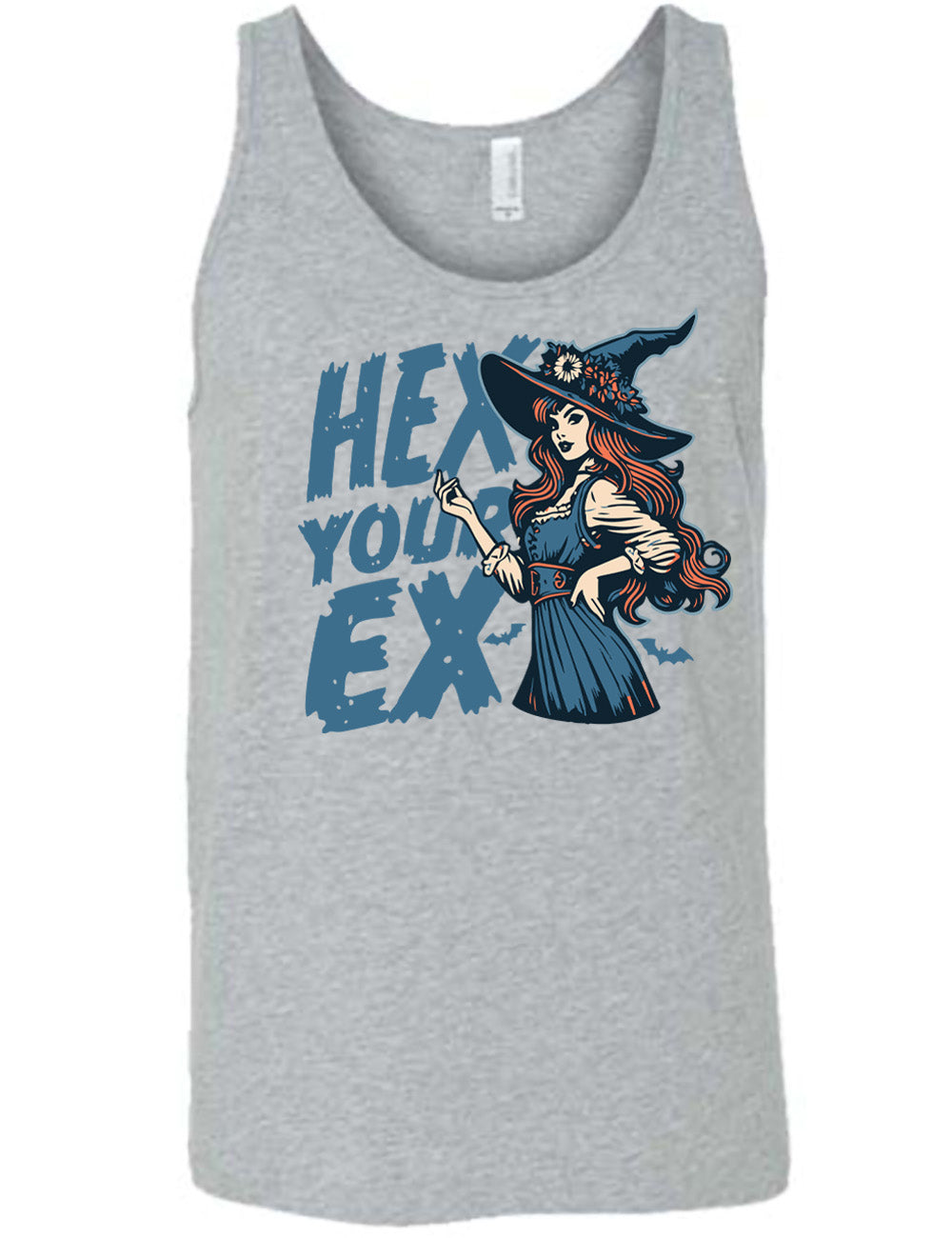 grey unisex tank with the words "hex your ex" on it, next to the detailed, colorful graphic of a long-haired witch, hand on hip, other hand raised, wearing a flowery witch hat, and an old-fashioned dress