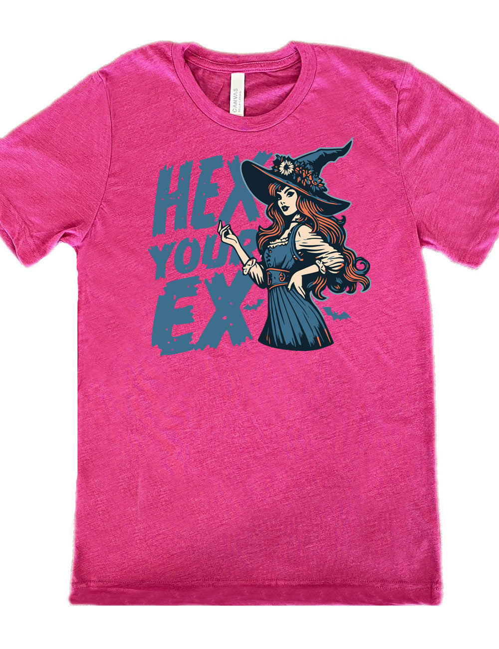 berry unisex tee with the words "hex your ex" on it, next to the detailed, colorful graphic of a long-haired witch, hand on hip, other hand raised, wearing a flowery witch hat, and an old-fashioned dress