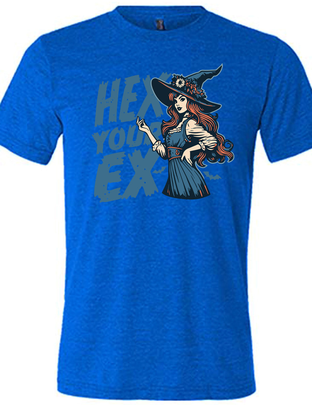blue unisex tee with the words "hex your ex" on it, next to the detailed, colorful graphic of a long-haired witch, hand on hip, other hand raised, wearing a flowery witch hat, and an old-fashioned dress