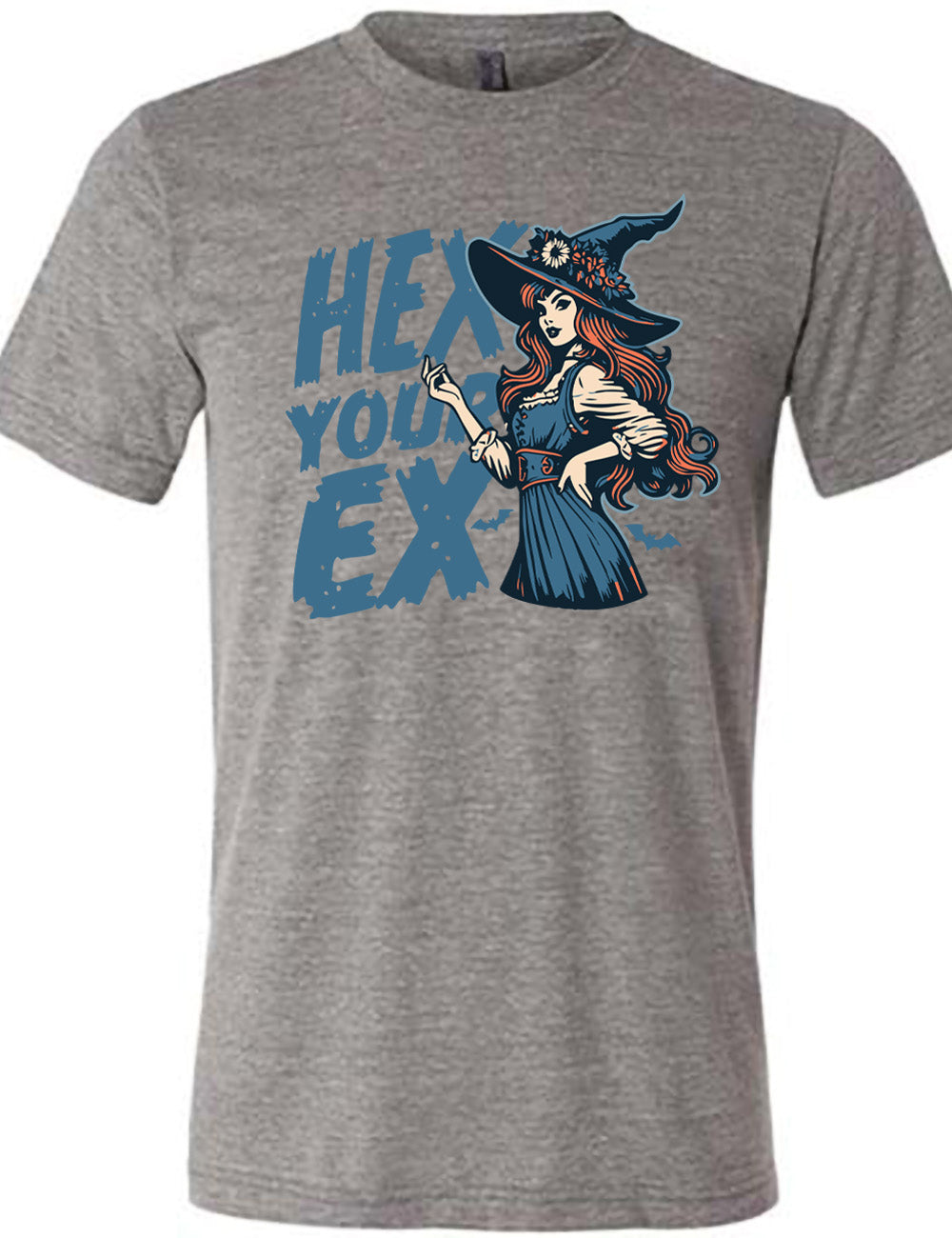 grey unisex tee with the words "hex your ex" on it, next to the detailed, colorful graphic of a long-haired witch, hand on hip, other hand raised, wearing a flowery witch hat, and an old-fashioned dress