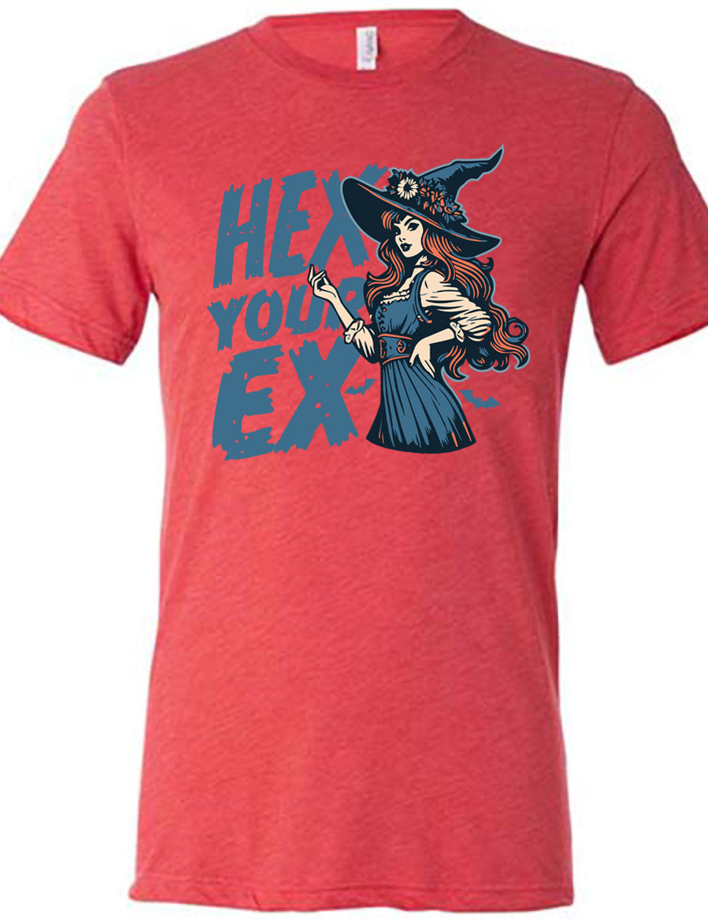 red unisex tee with the words "hex your ex" on it, next to the detailed, colorful graphic of a long-haired witch, hand on hip, other hand raised, wearing a flowery witch hat, and an old-fashioned dress