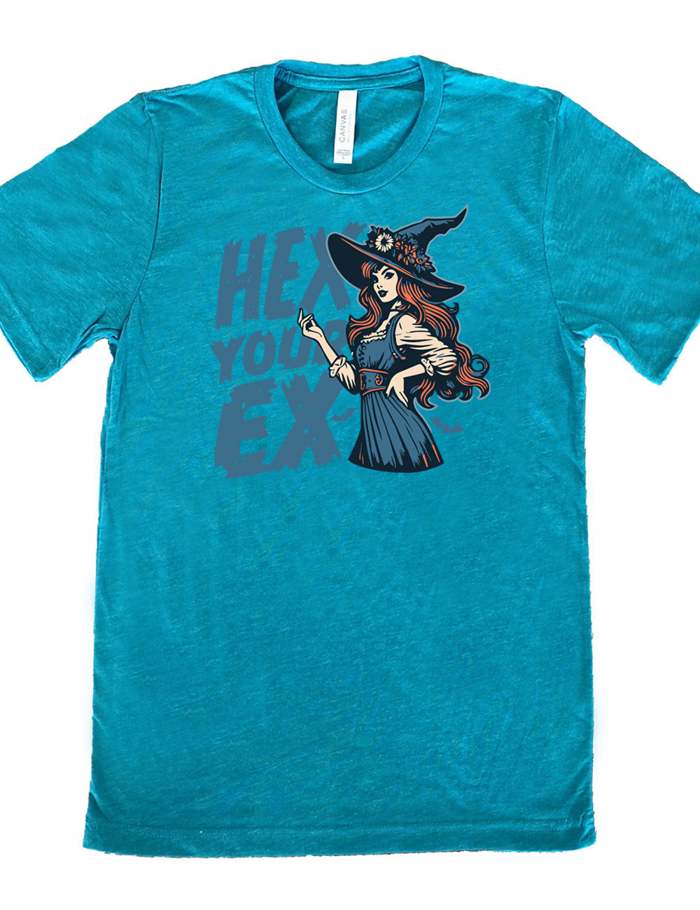teal unisex tee with the words "hex your ex" on it, next to the detailed, colorful graphic of a long-haired witch, hand on hip, other hand raised, wearing a flowery witch hat, and an old-fashioned dress