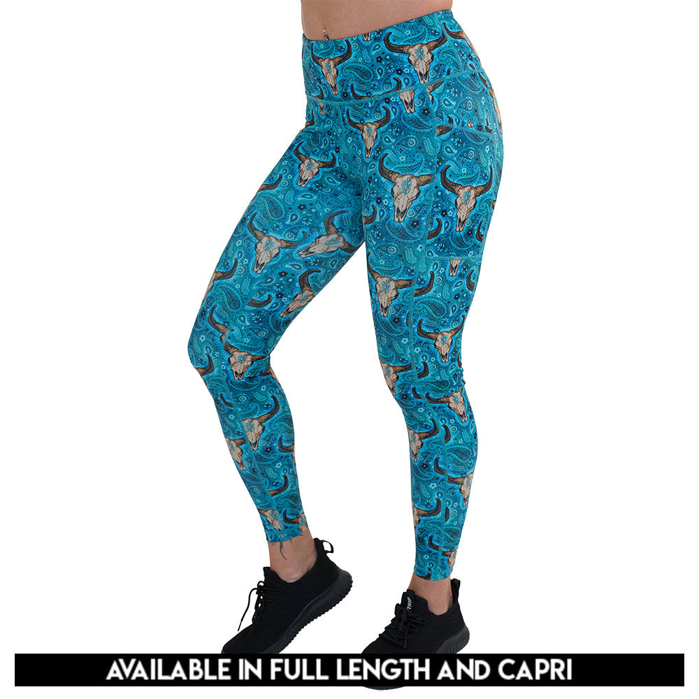 teal cow skull print leggings available in full and capri length