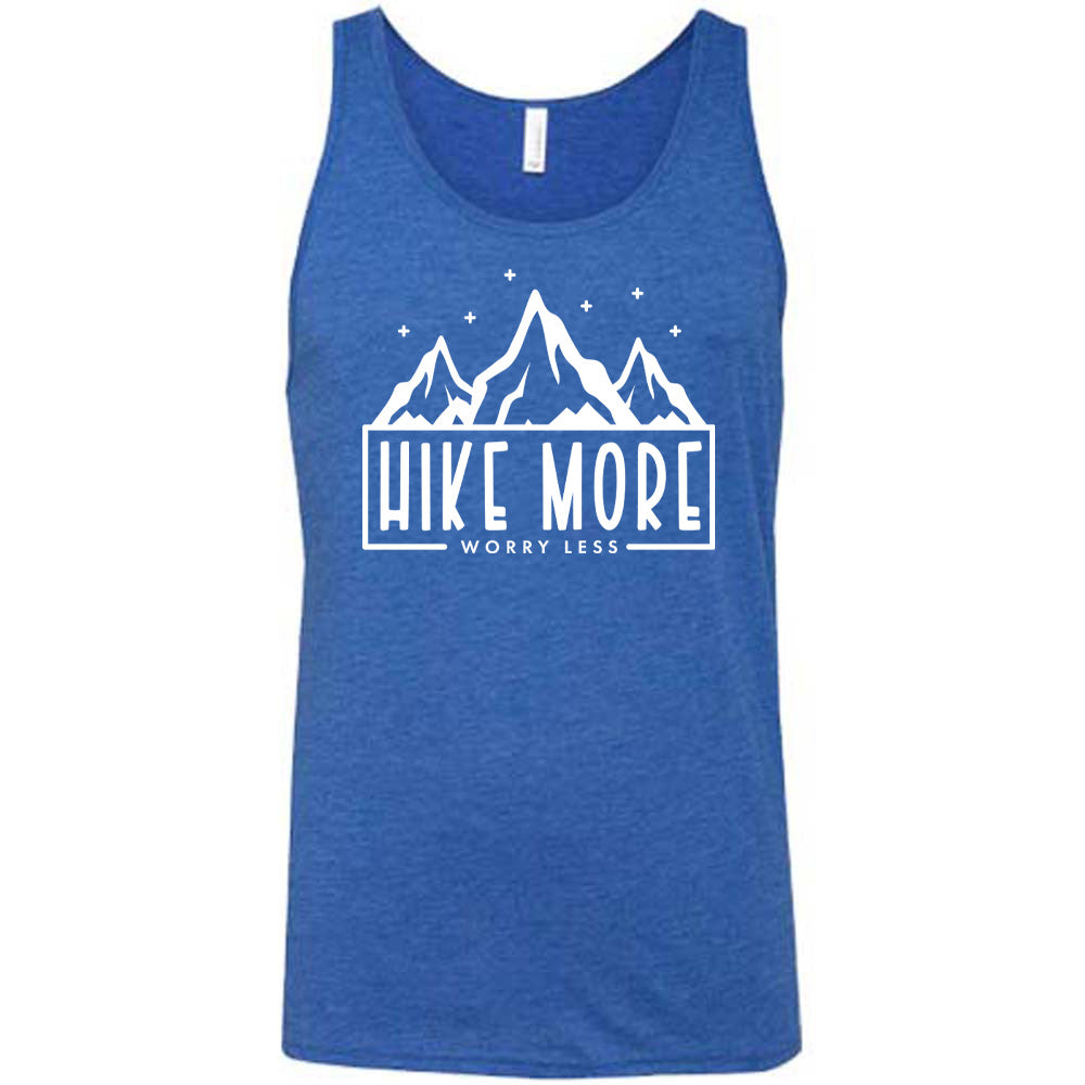 Blue colored tank with a mountains and stars graphic on it that says "Hike More Worry Less" 