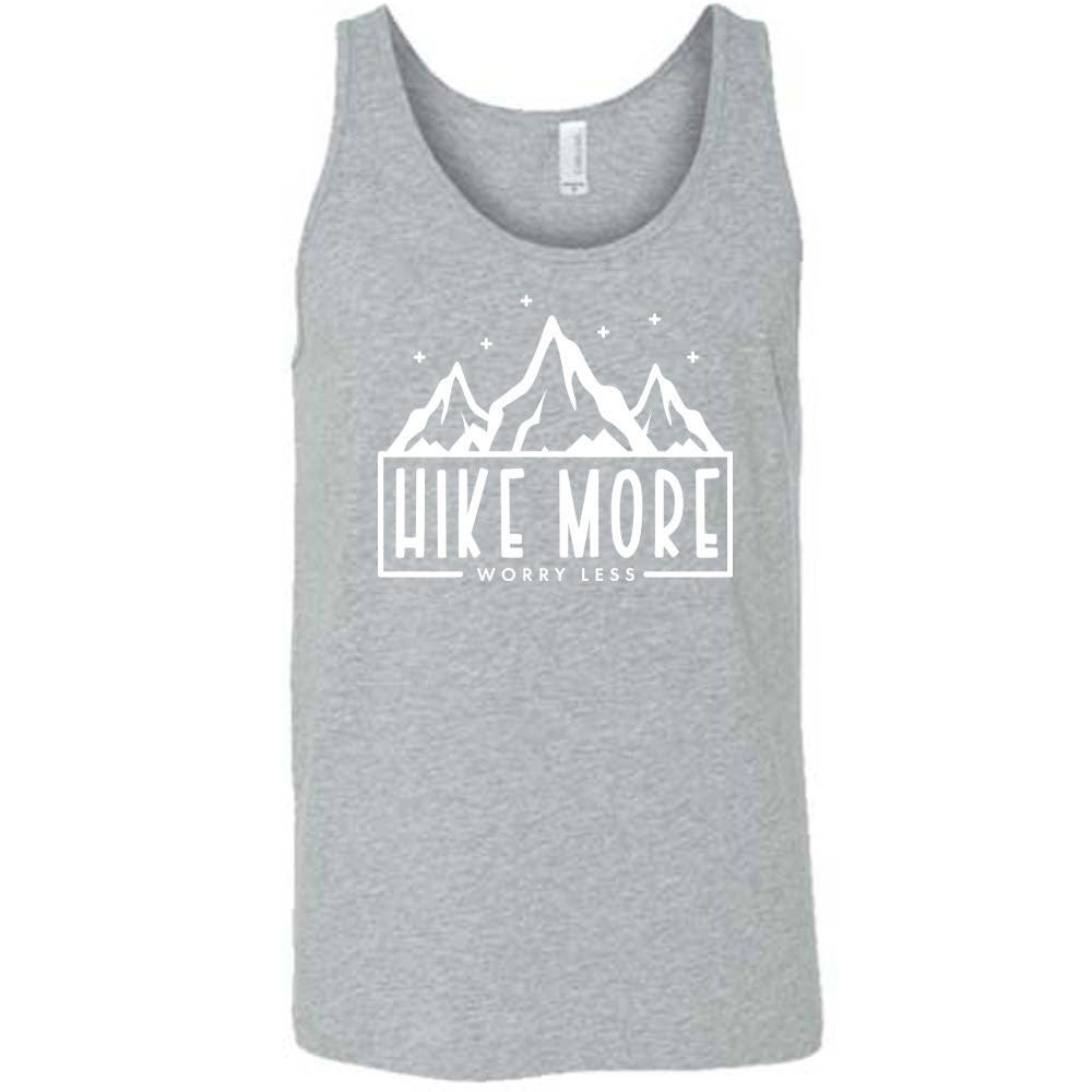 Grey colored tank with a mountains and stars graphic on it that says "Hike More Worry Less" 