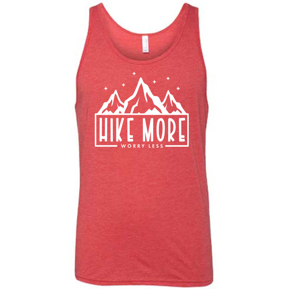 Red colored tank with a mountains and stars graphic on it that says "Hike More Worry Less" 