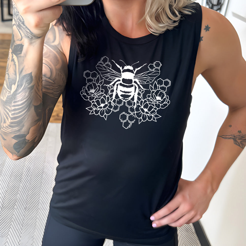 Black colored muscle tank with a bee, honeycomb, and flower graphic on it