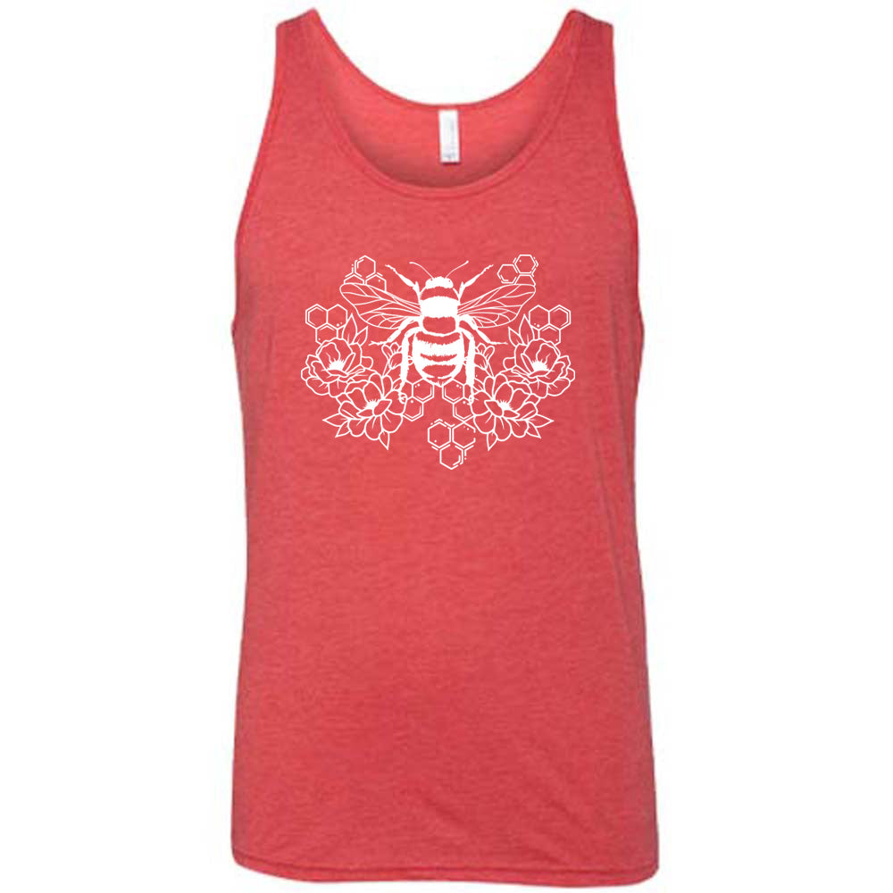 Red colored tank with a bee, honeycomb, and flower graphic on it