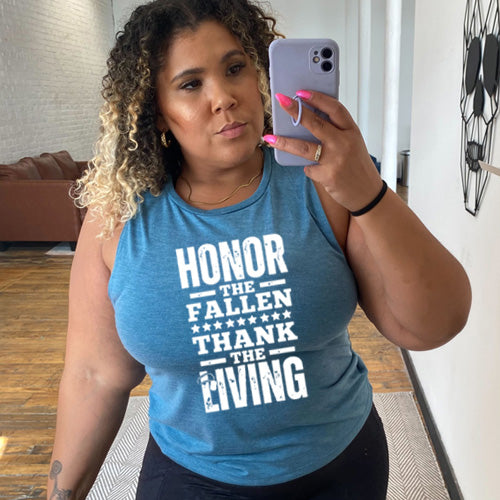 model wearing the blue "Honor The Fallen Thank The Living" Muscle Tank