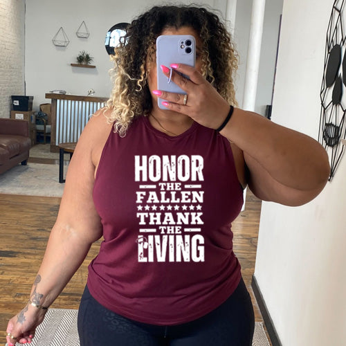 model wearing the maroon "Honor The Fallen Thank The Living" Muscle Tank