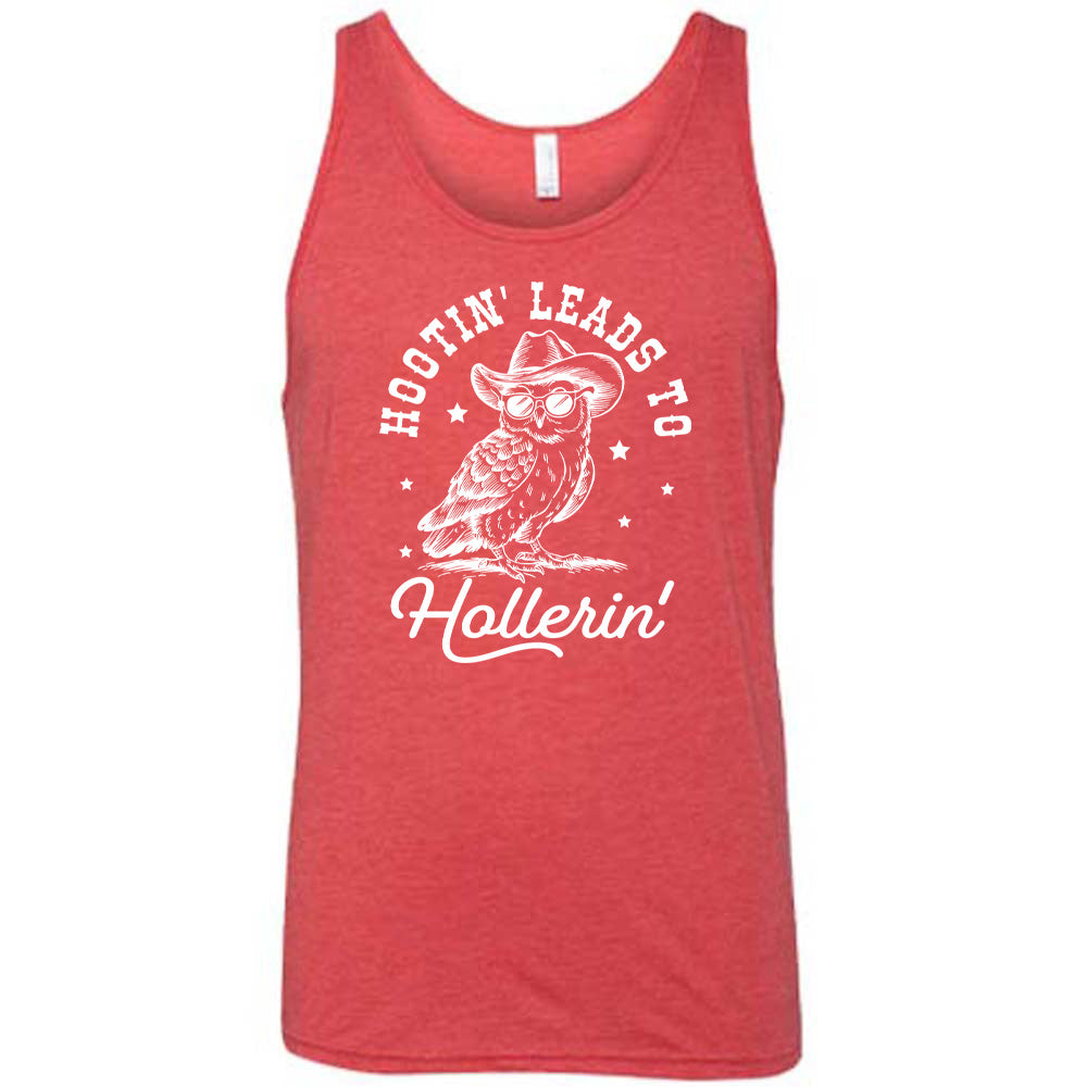 Red colored tank with owl in cowboy hat graphic on it that says "Hootin Leads To Hollerin"