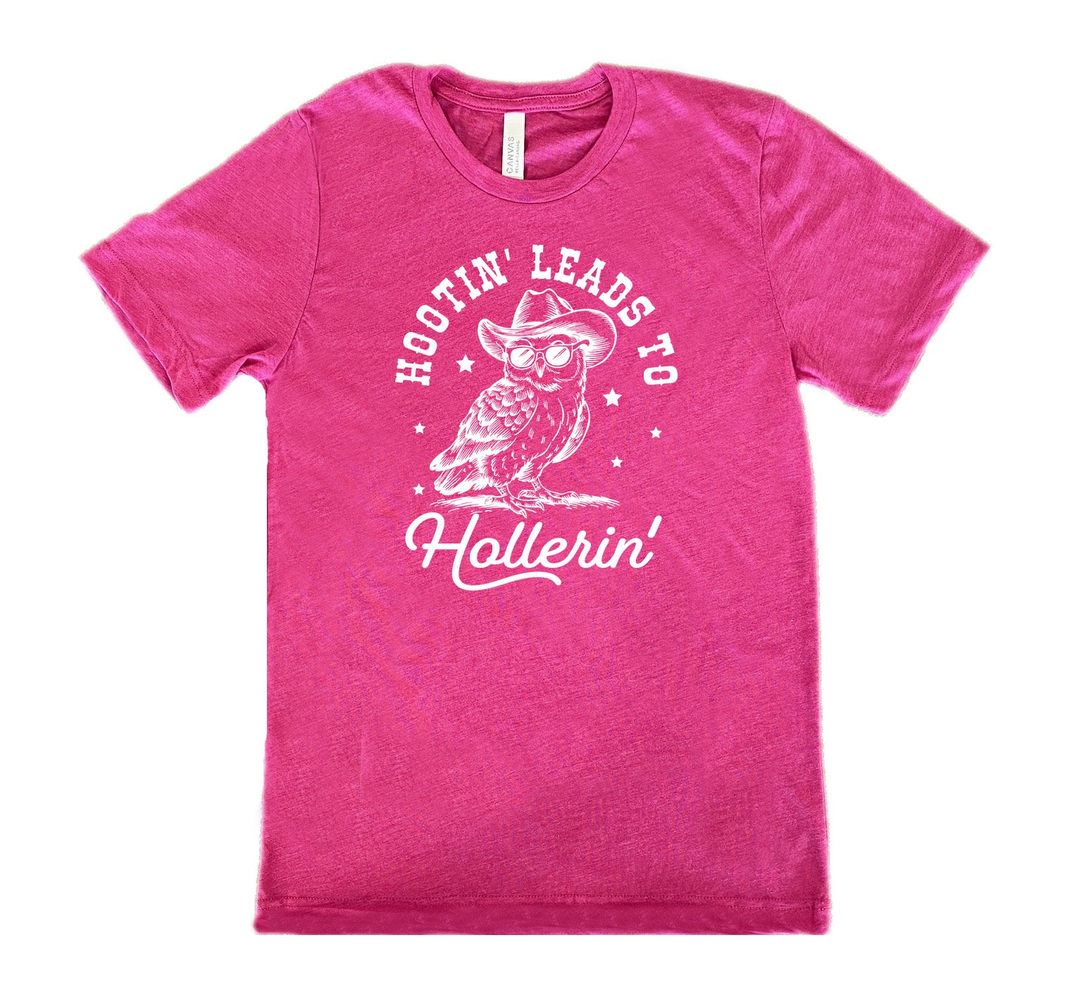 Berry colored shirt with owl in cowboy hat graphic on it that says "Hootin Leads To Hollerin"