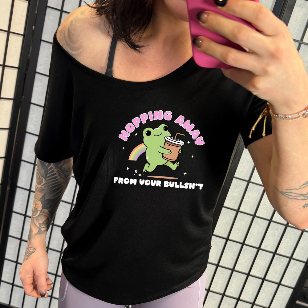 black slouchy shirt with the text "Hopping Away From Your Bullshit" on it