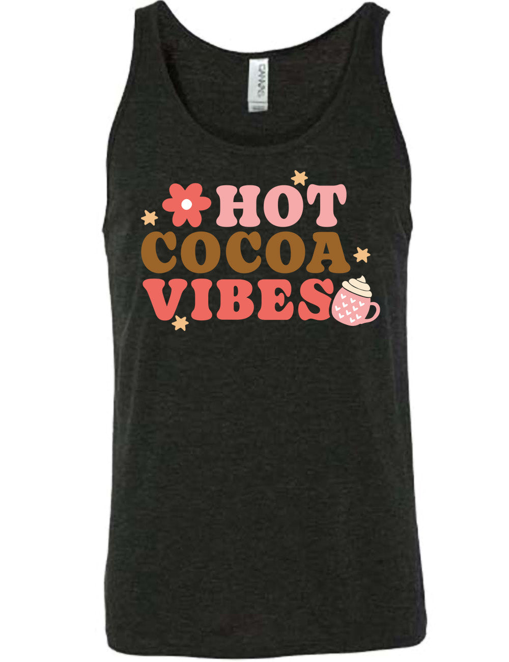 black unisex tank with the colorful words saying "HOT COCOA VIBES" with small graphics of a flower and mug, with many hearts on it, topped with whipped cream, and a few stars