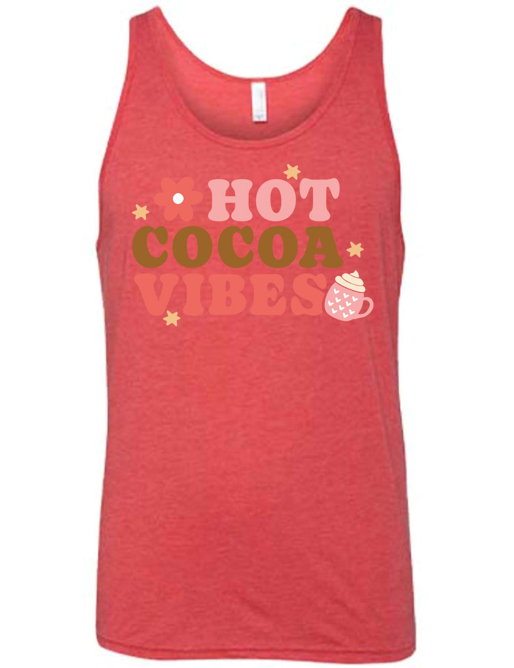 red unisex tank with the colorful words saying "HOT COCOA VIBES" with small graphics of a flower and mug, with many hearts on it, topped with whipped cream, and a few stars