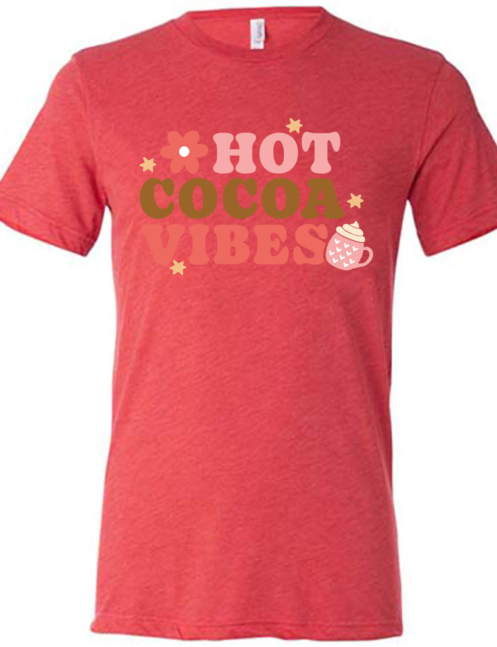 red unisex tee with the colorful words saying "HOT COCOA VIBES" with small graphics of a flower and mug, with many hearts on it, topped with whipped cream, and a few stars