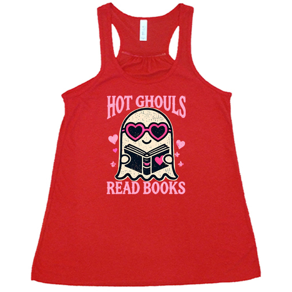 Red colored flowy tank with ghost wearing heart-shaped glasses holding a book graphic on it that says "Hot Ghouls Read Books"