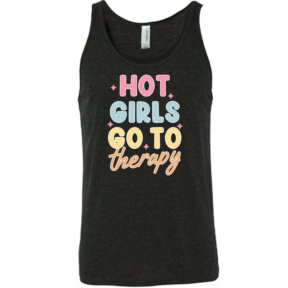 Black colored tank with a sparkle graphic on it that says "Hot Girls Go To Therapy"