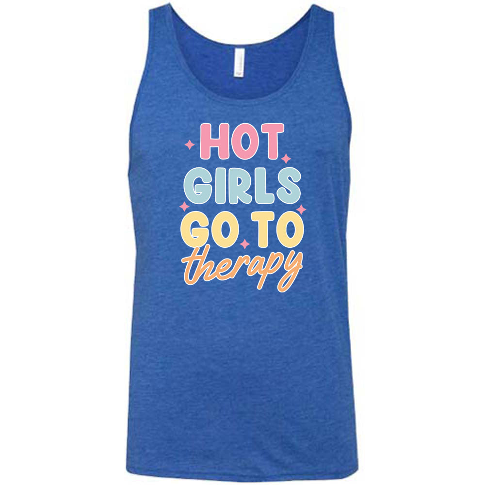 Blue colored tank with a sparkle graphic on it that says "Hot Girls Go To Therapy"