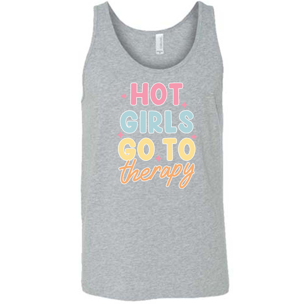Grey colored tank with a sparkle graphic on it that says "Hot Girls Go To Therapy"