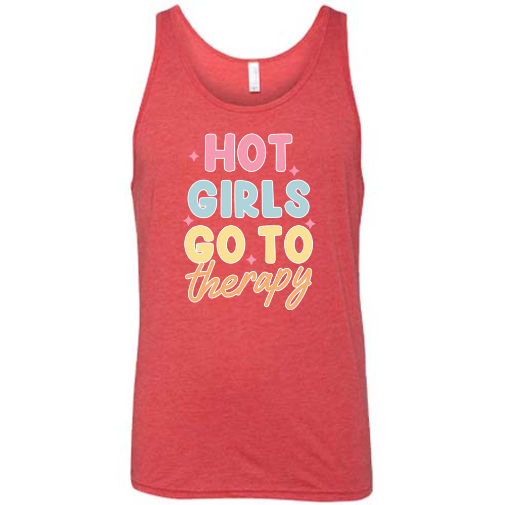 Red colored tank with a sparkle graphic on it that says "Hot Girls Go To Therapy"