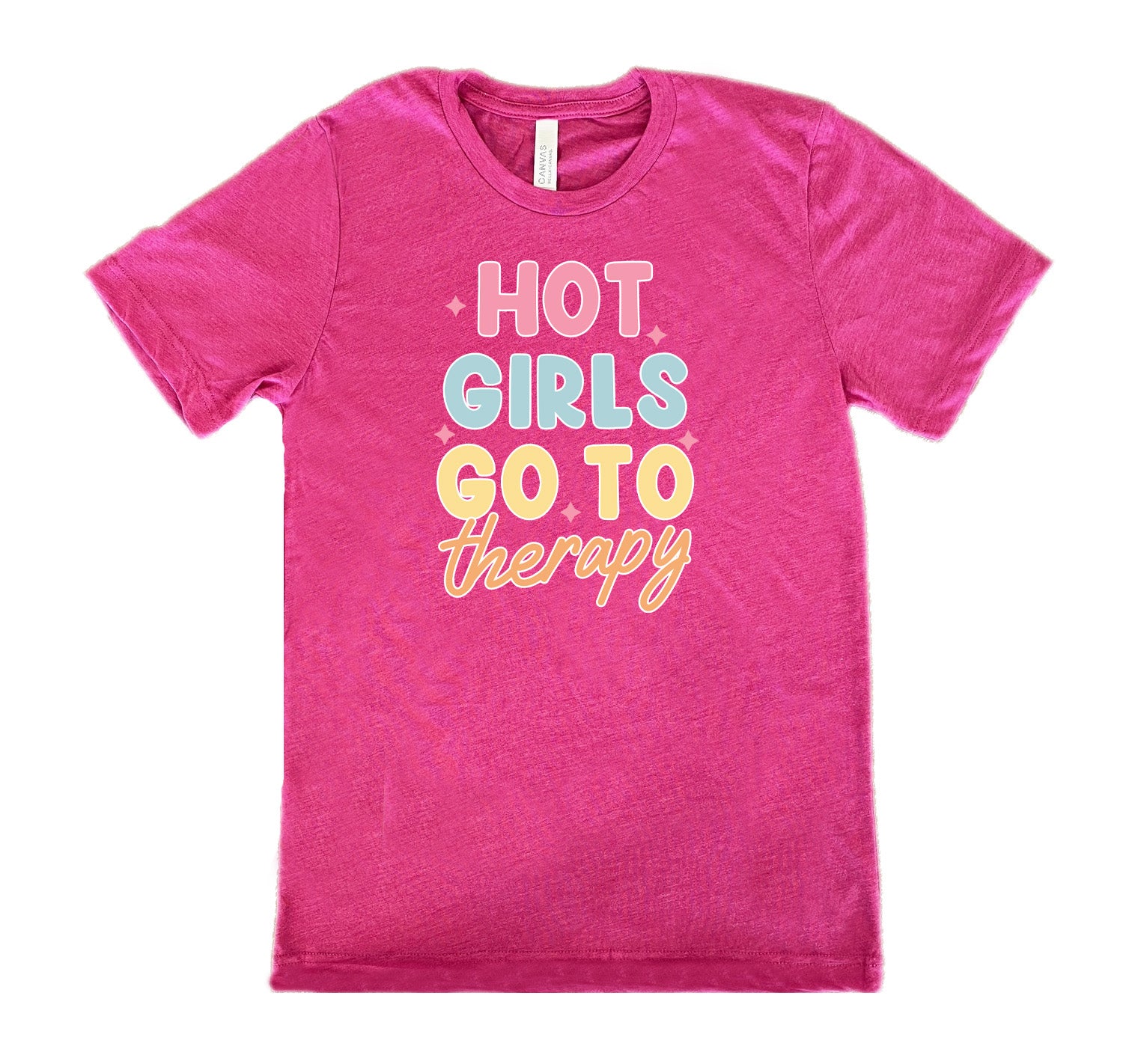 Berry colored shirt with a sparkle graphic on it that says "Hot Girls Go To Therapy"
