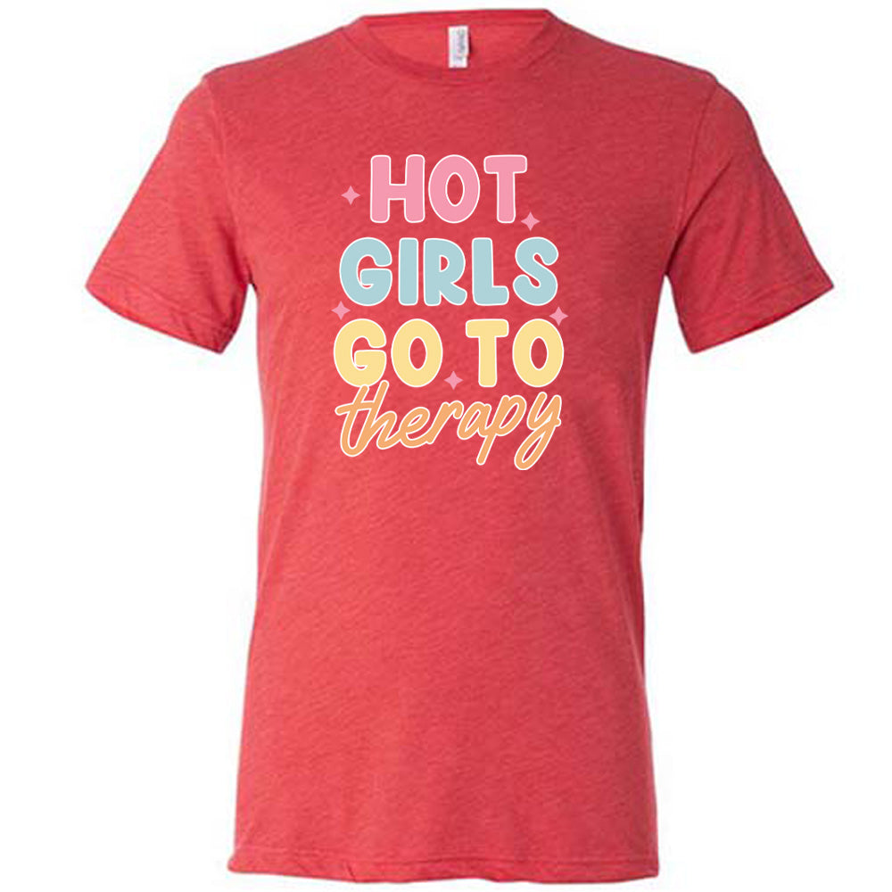 Red colored shirt with a sparkle graphic on it that says "Hot Girls Go To Therapy"