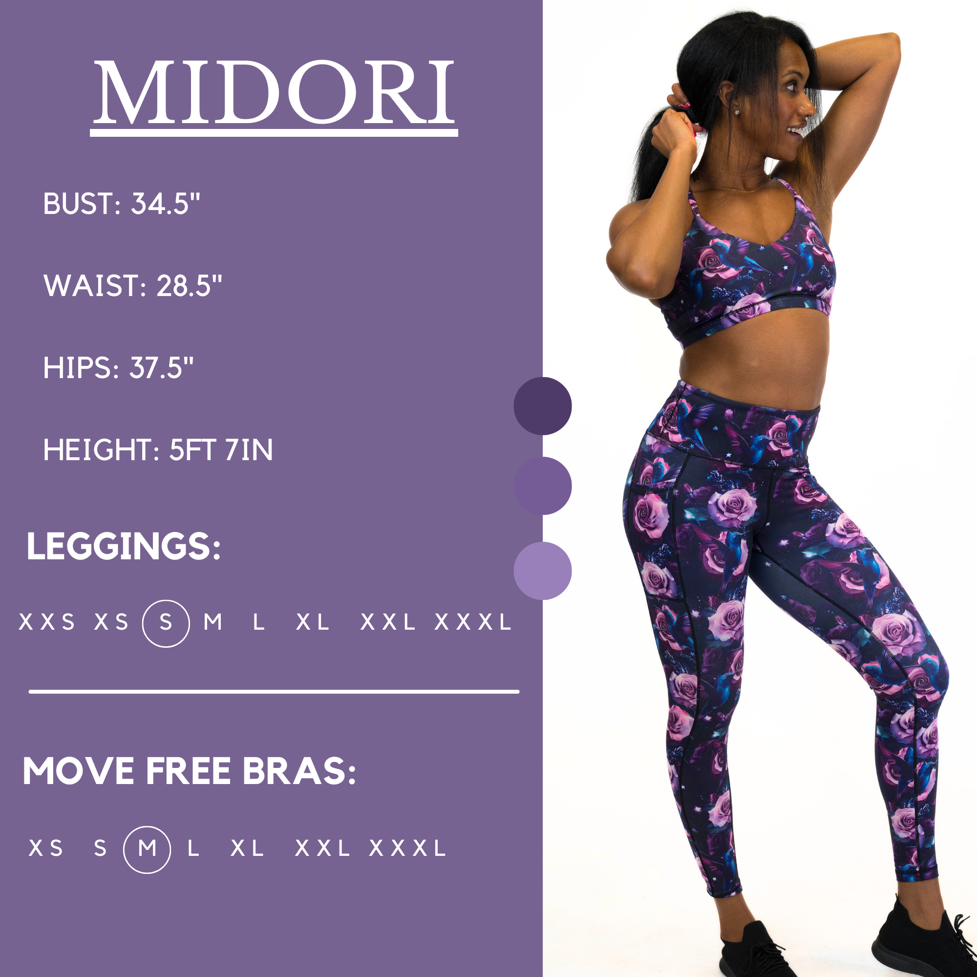 Model’s measurements of 34.5” bust, 28.5” waist, 37.5” hips and height of 5 ft 7 inches. She is wearing a size small in our leggings