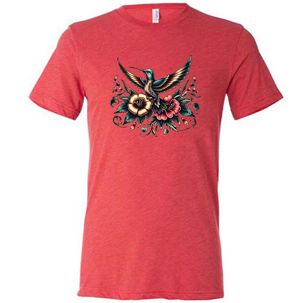 red shirt with a hummingbird graphic on it