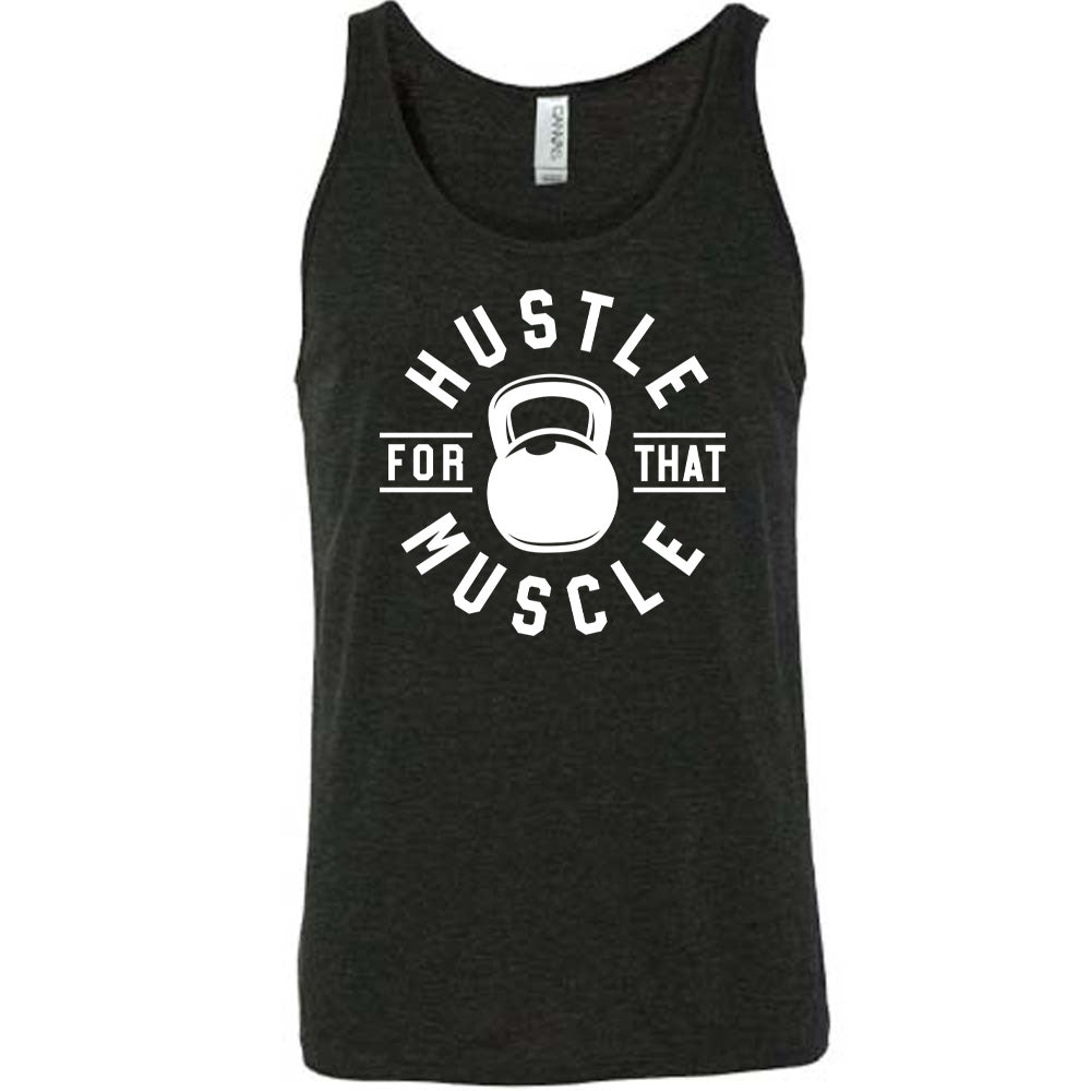 black unisex tank with the words "hustle for that muscle" on it, with a kettlebell image