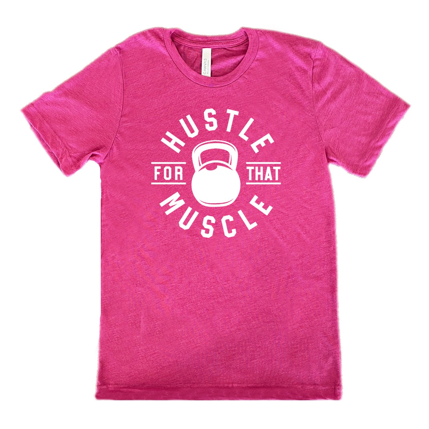 berry unisex tee with the words "hustle for that muscle" on it, with a kettlebell image