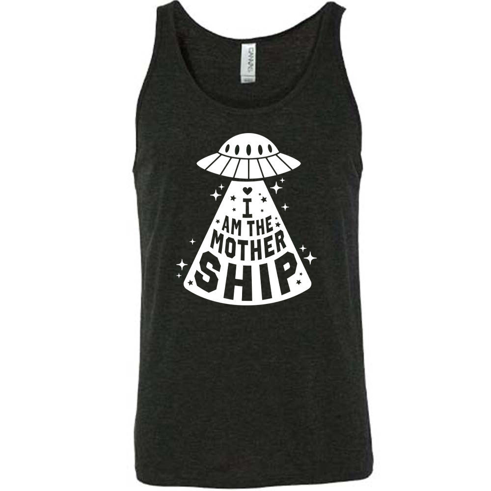 black unisex tank with the words "I am the mothership" on it within the beam of a UFO, with a heart above the words, and a number of stars scattered around