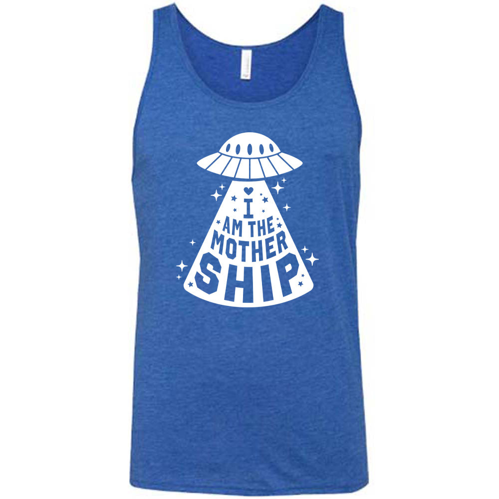 blue unisex tank with the words "I am the mothership" on it within the beam of a UFO, with a heart above the words, and a number of stars scattered around