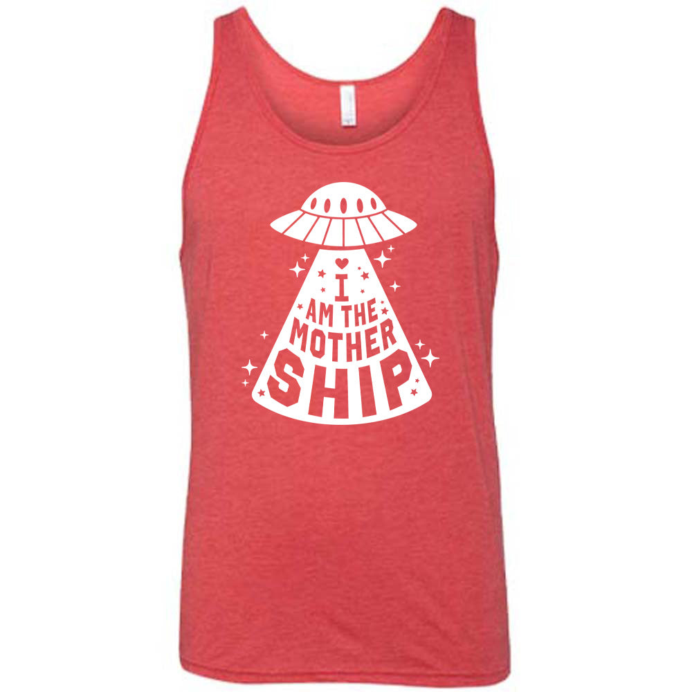red unisex tank with the words "I am the mothership" on it within the beam of a UFO, with a heart above the words, and a number of stars scattered around