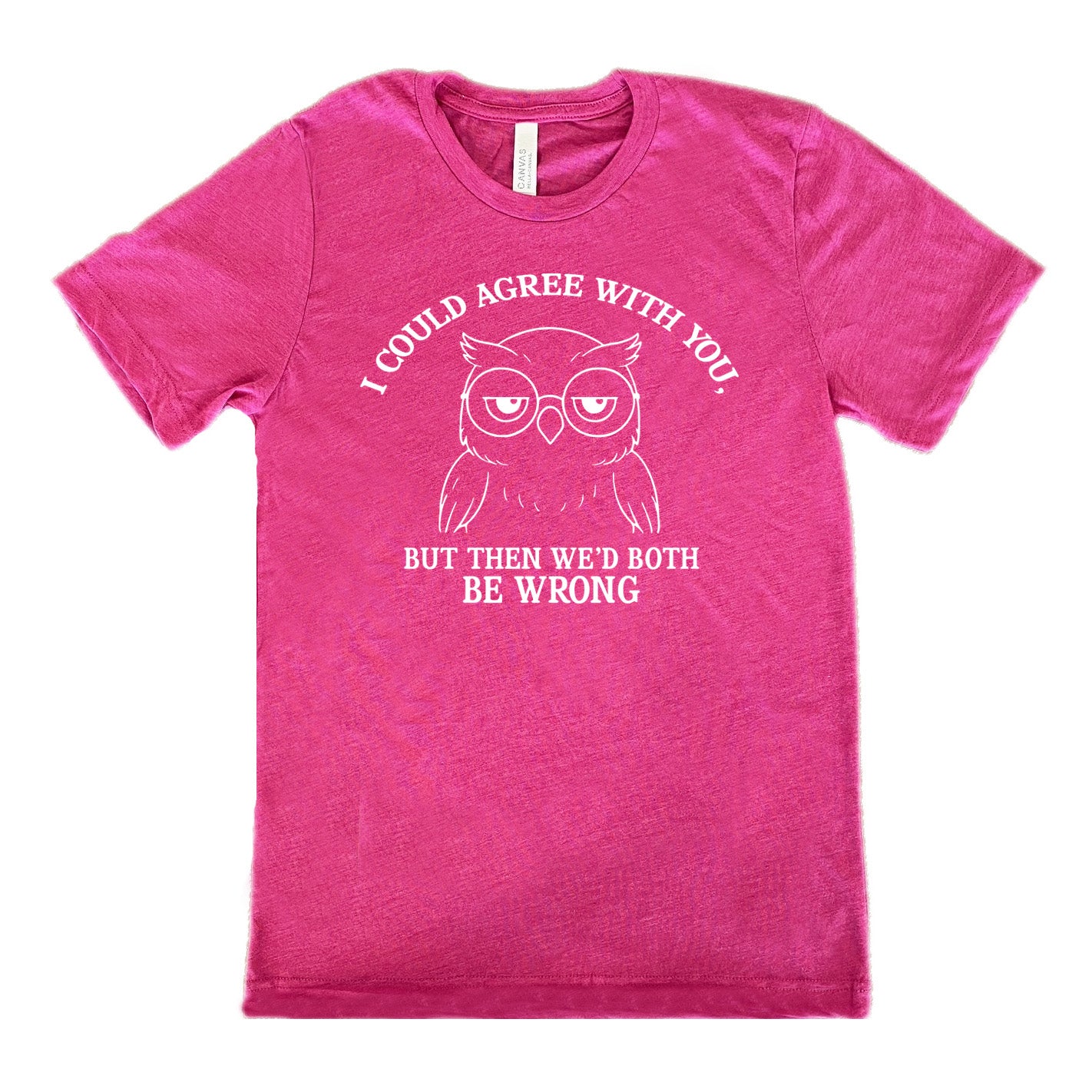 berry unisex tee with the graphic of an annoyed-looking bespectacled owl, eyes half-lidded, and the words "I could agree with you, but then we'd both be wrong" written around it