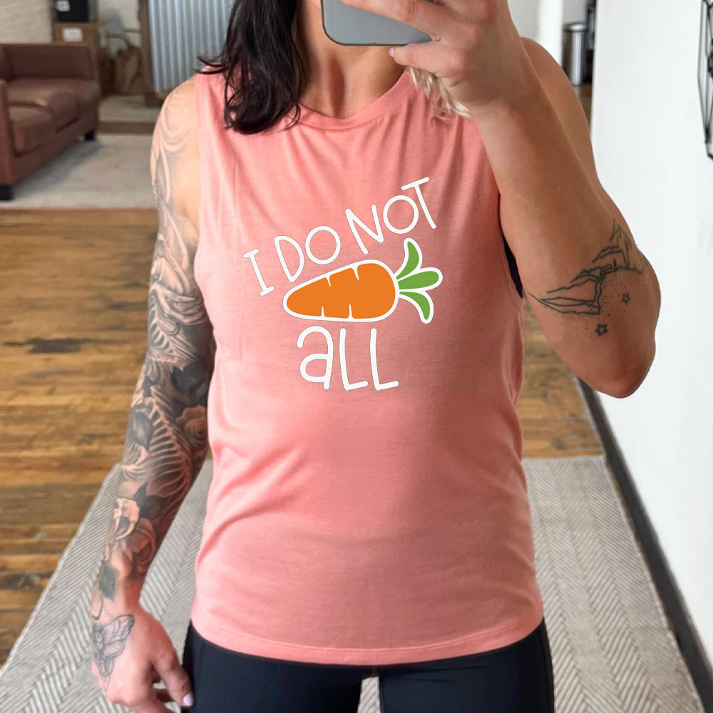 Peach colored muscle tank with a carrot graphic on it that says "I Do Not (Carrot) All" 
