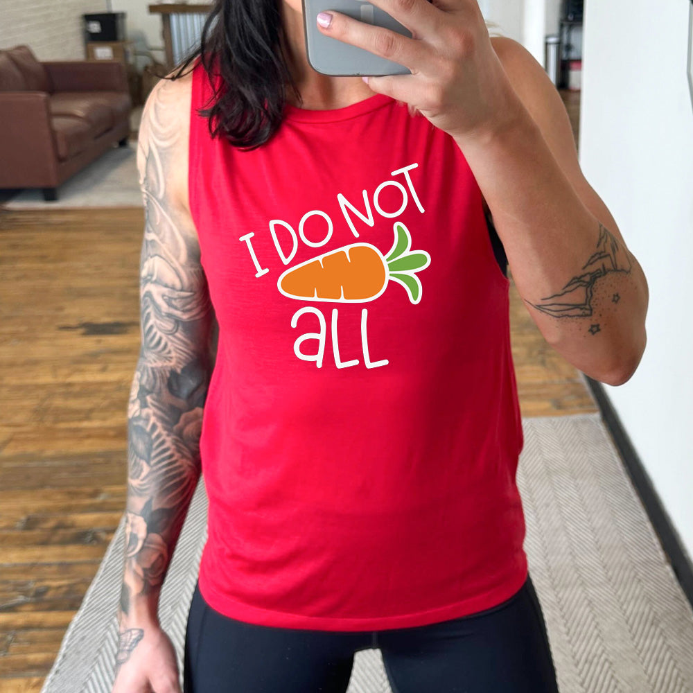 red muscle tank with a carrot graphic on it that says "I Do Not (Carrot) All" 
