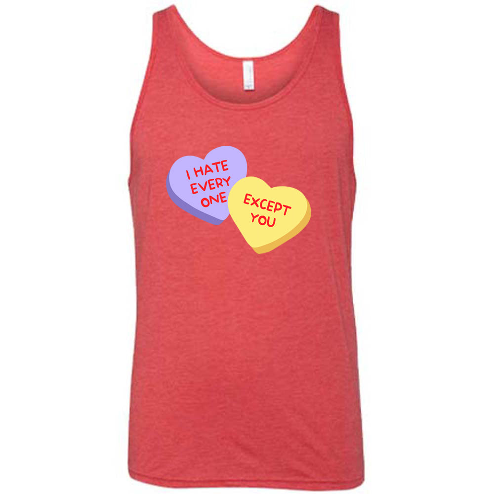 red shirt with the text "I Hate Everyone Except You" on it