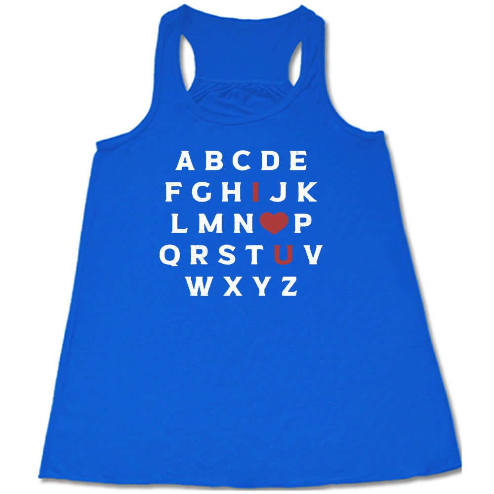 blue flowy tank with the alphabet on it in white lettering, but with the "I" in red, the "O" turned into a red heart, and "U" in red
