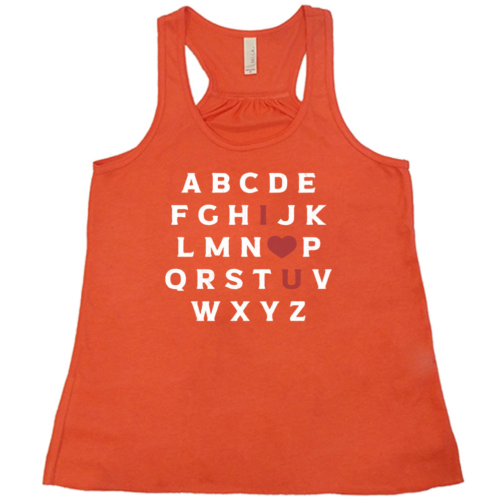 coral flowy tank with the alphabet on it in white lettering, but with the "I" in red, the "O" turned into a red heart, and "U" in red
