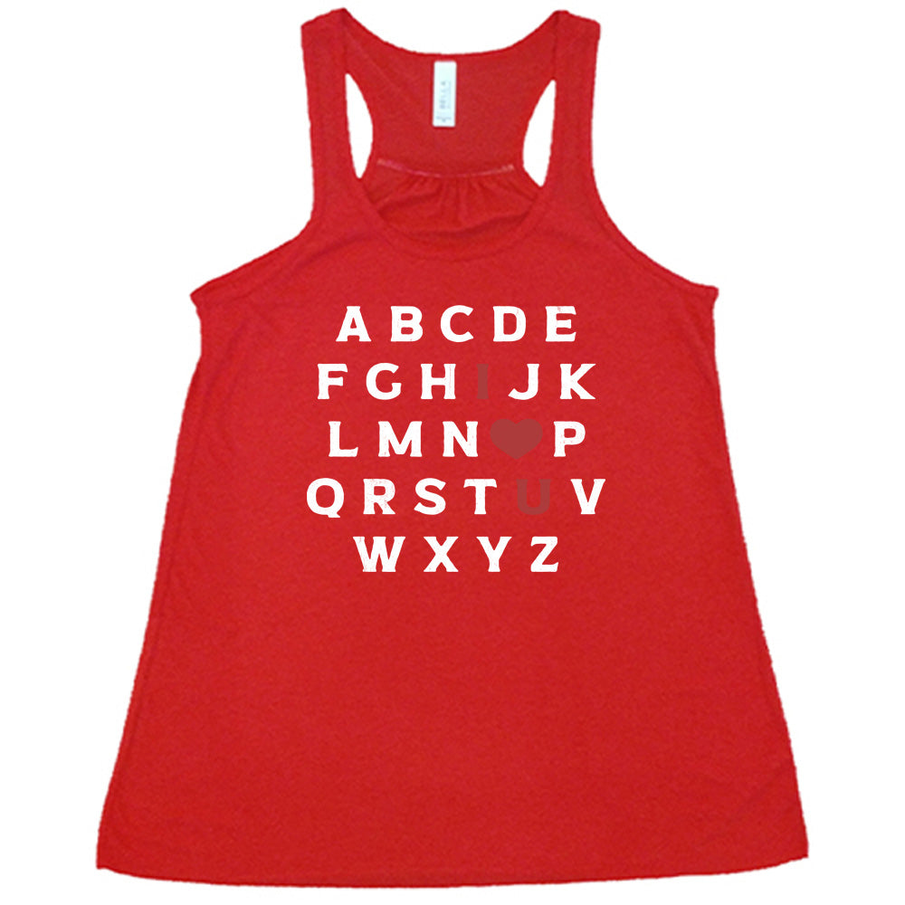 red flowy tank with the alphabet on it in white lettering, but with the "I" in red, the "O" turned into a red heart, and "U" in red