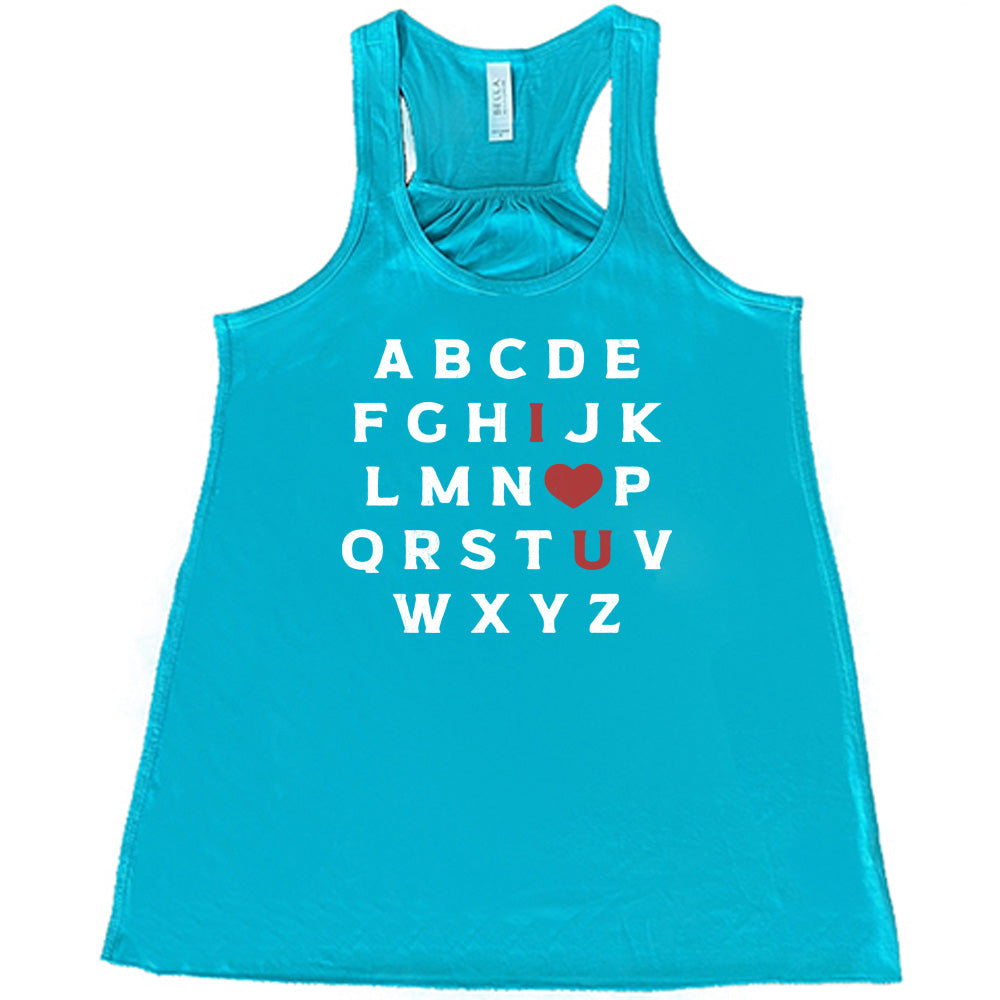 teal flowy tank with the alphabet on it in white lettering, but with the "I" in red, the "O" turned into a red heart, and "U" in red