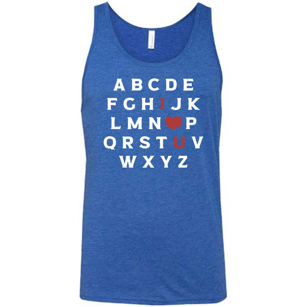 blue unisex tank with the alphabet on it in white lettering, but with the "I" in red, the "O" turned into a red heart, and "U" in red