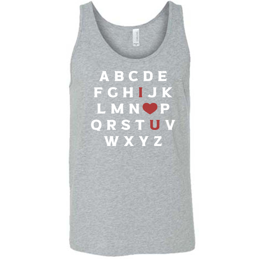 grey unisex tank with the alphabet on it in white lettering, but with the "I" in red, the "O" turned into a red heart, and "U" in red