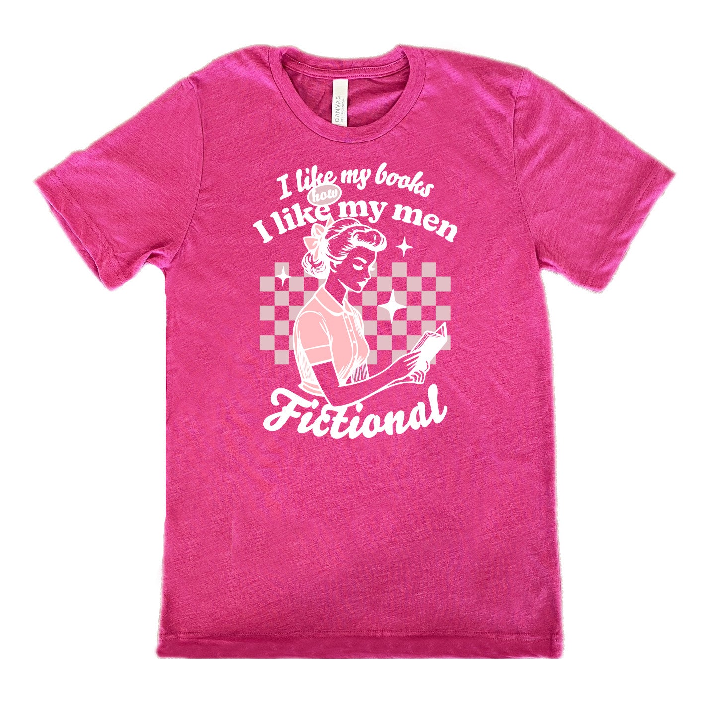 Berry unisex tee, wording that says I Like My Books How I Like My Men, Fictional, woman reading a book with checkered background