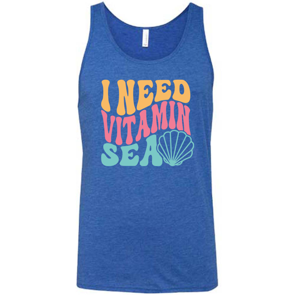 Blue colored tank with a shell graphic on it that says "I Need Vitamin Sea" 
