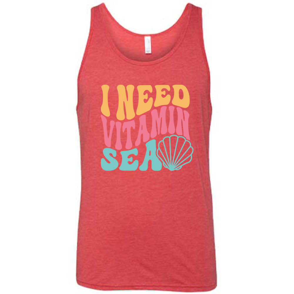 Red colored tank with a shell graphic on it that says "I Need Vitamin Sea" 